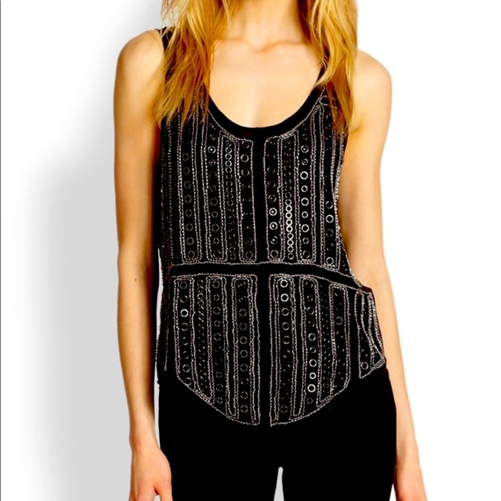 Parker NY Blair Embellished Tank Top Large L Black Silver Metallic Ring Bead NWT